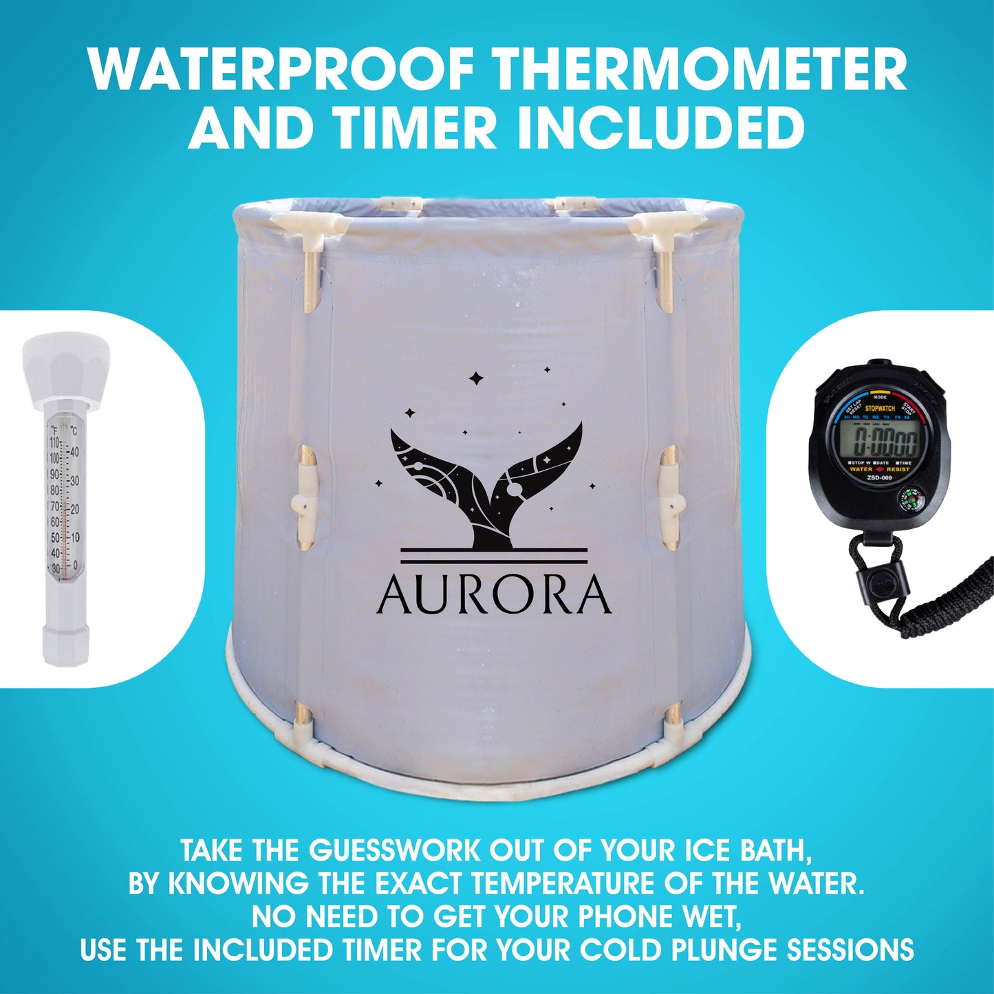 Aurora XL Ice Bath Tub Pro with Thermometer and Timer - For Athletes up to 6'7 - Instant Set-Up with New Collapsible Frame